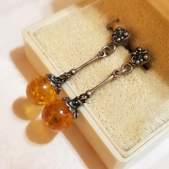 Sterling Amber Earrings Circa 1910-Etruscan - Picture 2 of 6